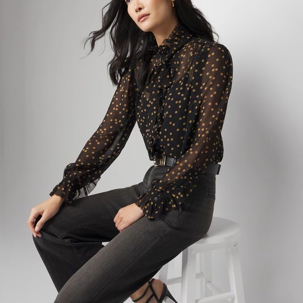 NWOT Polka Dot Ruffle Blouse - Black and Gold